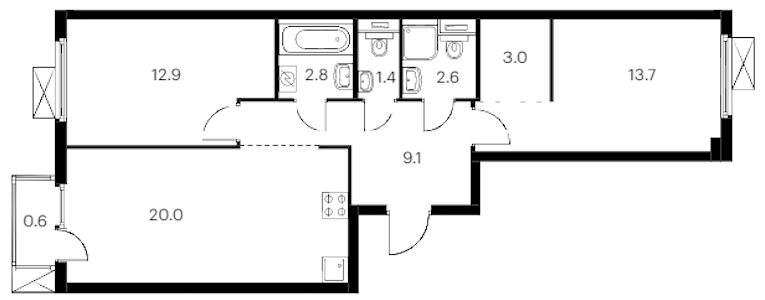 2-комнатная квартира 66.1 м², 13/14 эт., ЖК «Витебский парк»